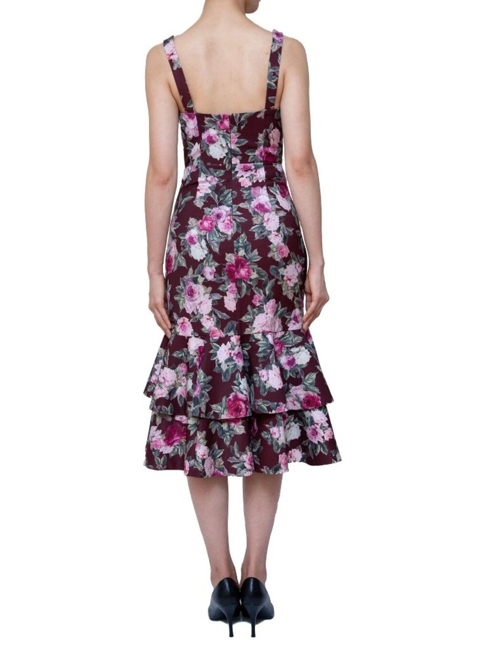 FAME + PARTNERS Floral Midi Dress With Ruffle Hem & Button Detail Sz 8 Burgundy - Picture 3 of 10